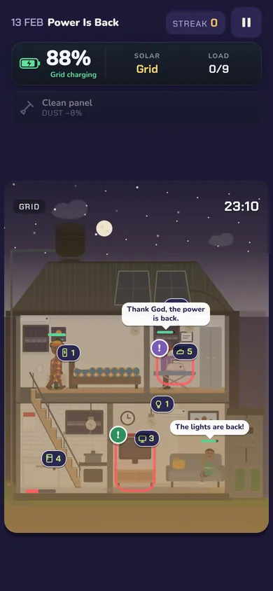 Night: NEPA brings grid power back and the family cheers